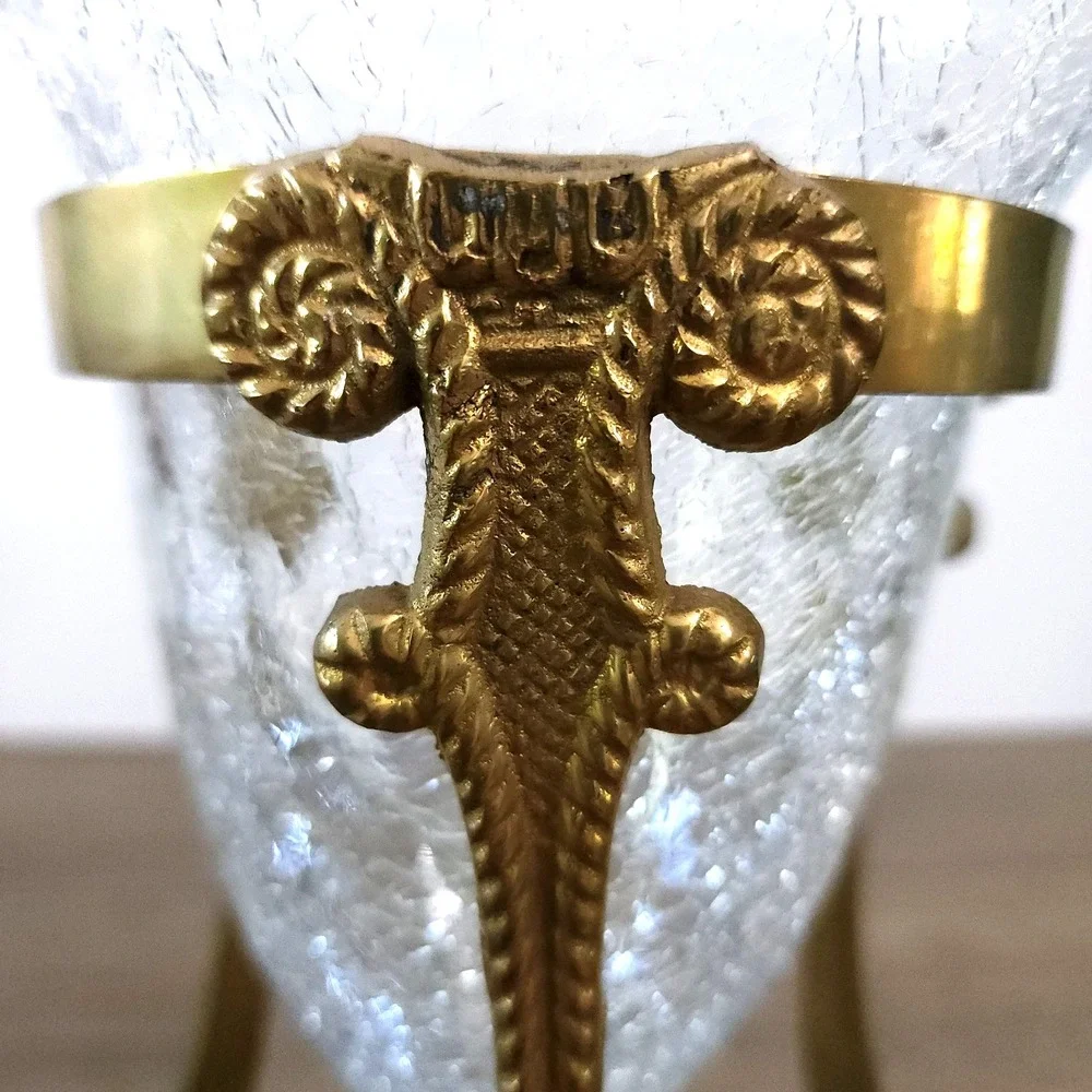 Vintage Crackled Glass Bowl with Decorative Brass‎ Stand